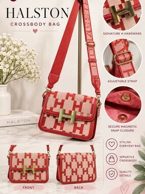 Halston Monogram Jacquard Flap Crossbody Bag – Red & Cream NWT